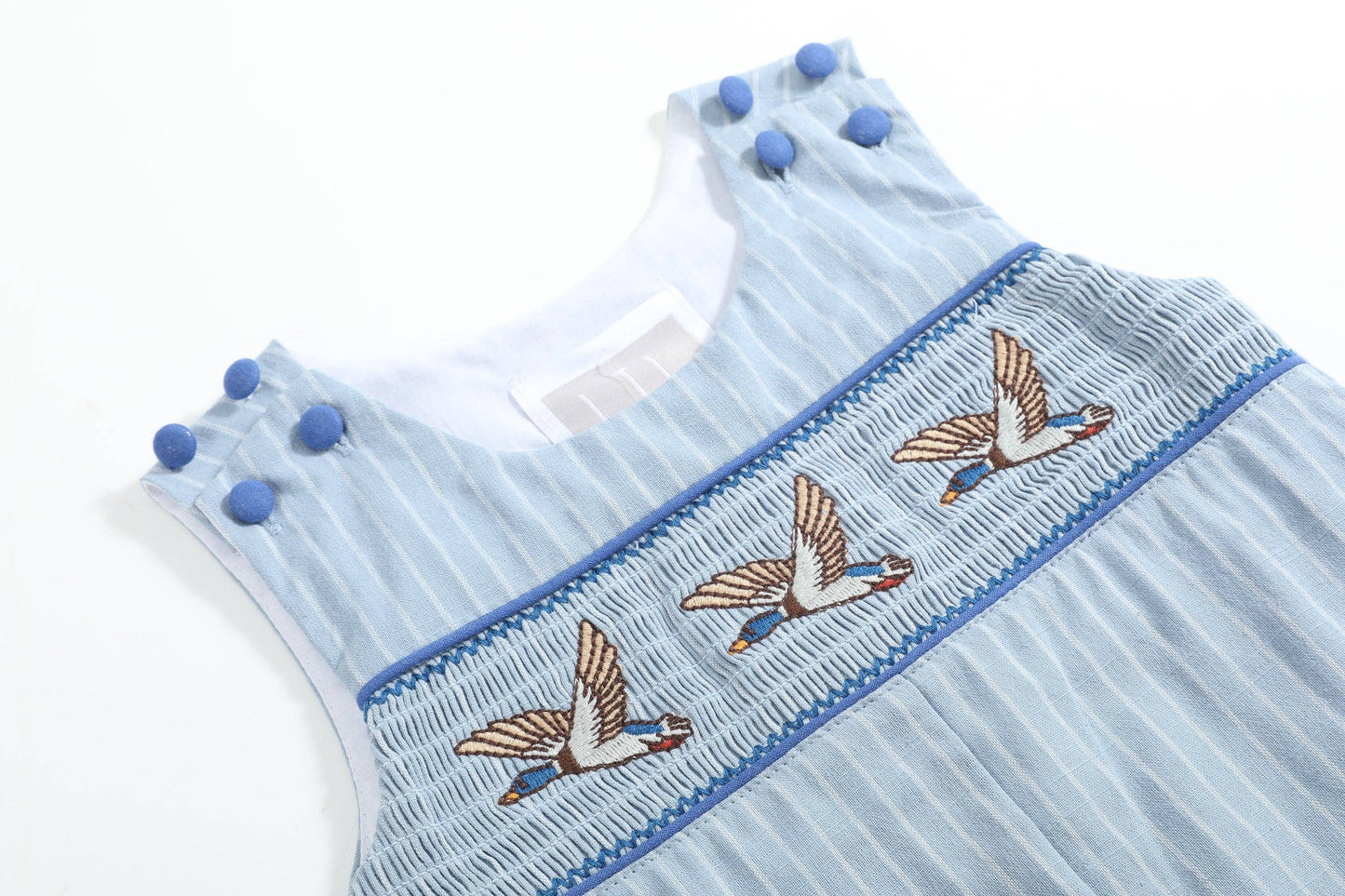Blue Pinstripe Mallard Duck Smocked Overalls: 12-18M