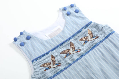 Blue Pinstripe Mallard Duck Smocked Overalls: 18-24M