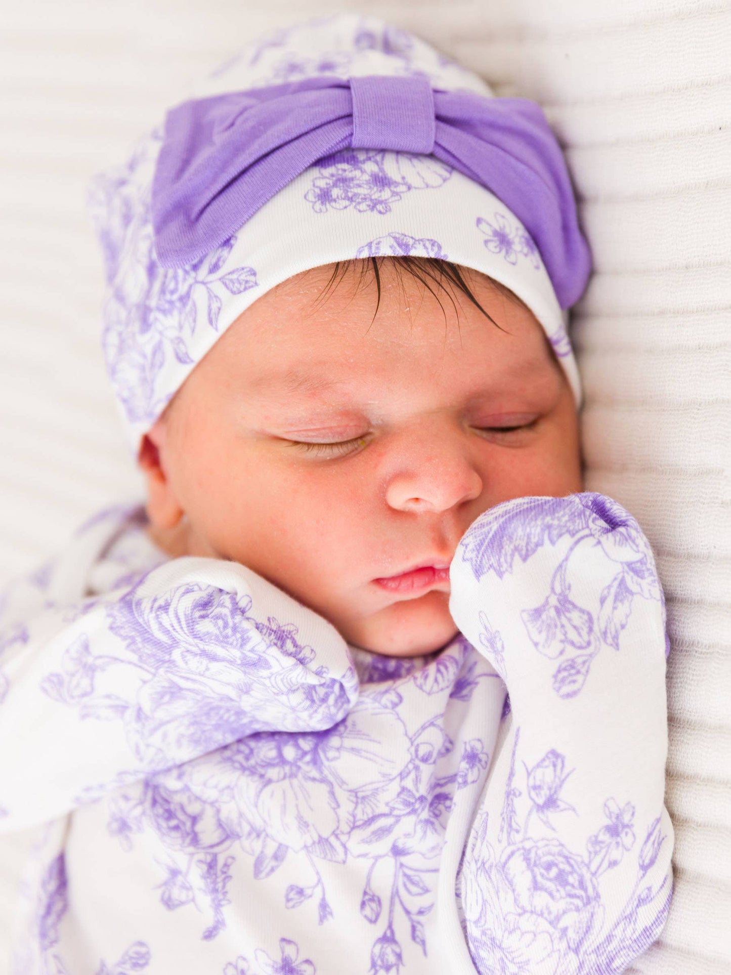RuffleButts + RuggedButts - SoftSnooze™ Baby Girls Bamboo Viscose Wisteria Purple Butterfly Garden Toile Ruffle Knotted Sleep Gown & Bow Hat Set