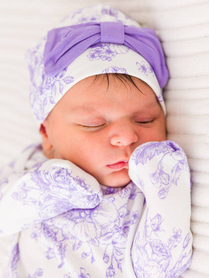 RuffleButts + RuggedButts - SoftSnooze™ Baby Girls Bamboo Viscose Wisteria Purple Butterfly Garden Toile Ruffle Knotted Sleep Gown & Bow Hat Set