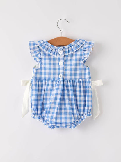 Rylee Faith Designs - Fall Thanksgiving& Halloween Blue Pumpkin Smock Embroidery Baby Girl Romper
