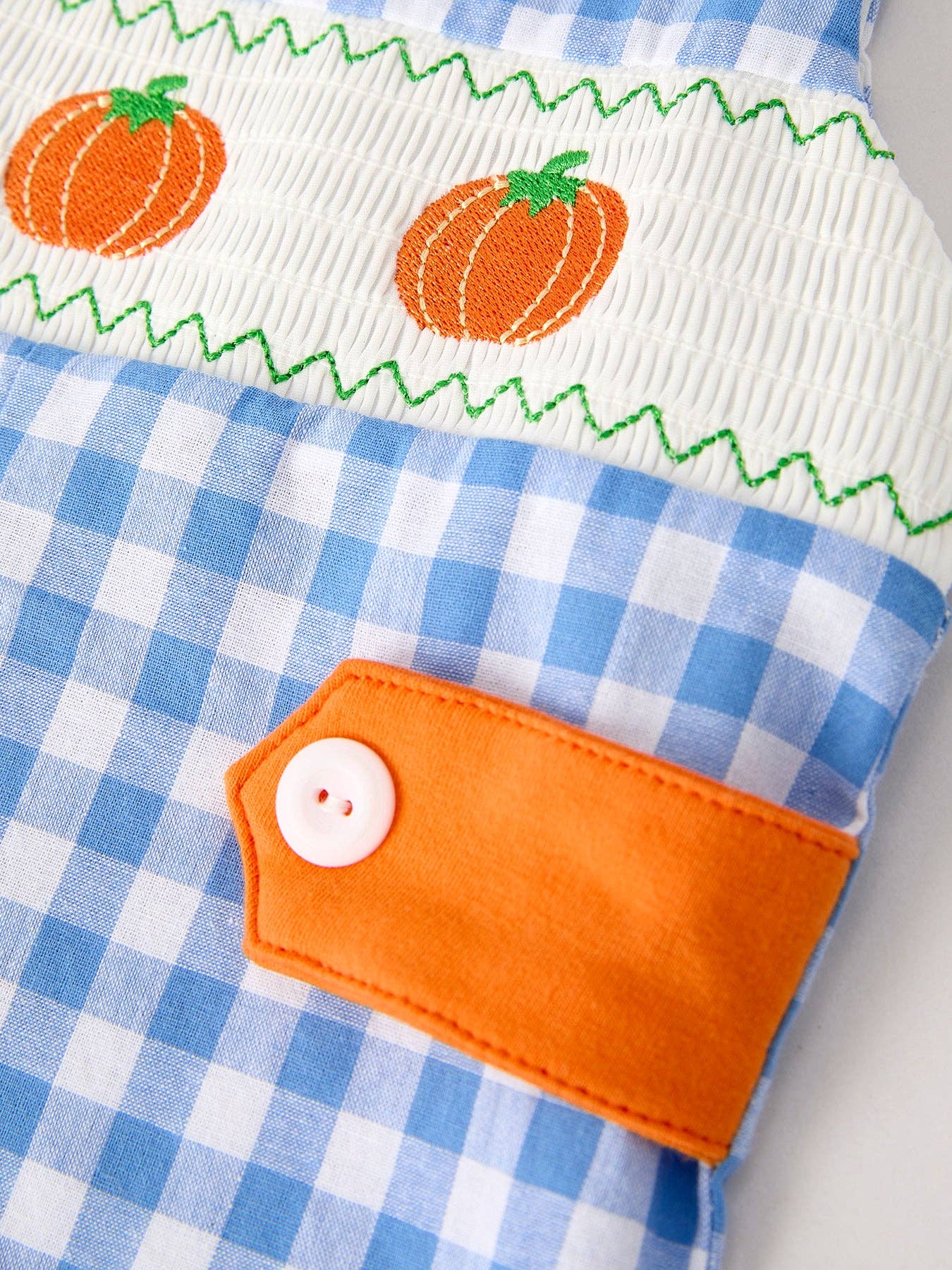 Rylee Faith Designs - Fall Thanksgiving& Halloween Blue Pumpkin Smock Embroidery Baby Boy Romper