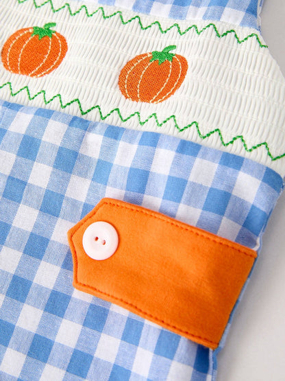 Rylee Faith Designs - Fall Thanksgiving& Halloween Blue Pumpkin Smock Embroidery Baby Boy Romper