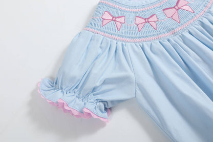 Lil Cactus Blue and Pink Bow Smocked Romper: 3-6M