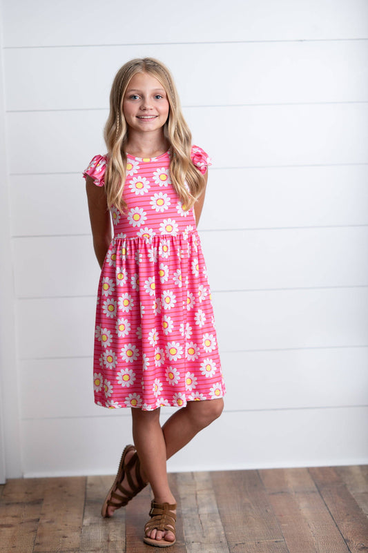 Adorable Sweetness - Kids Spring Summer Hot Pink Striped Pink Daisy Flutter Dress