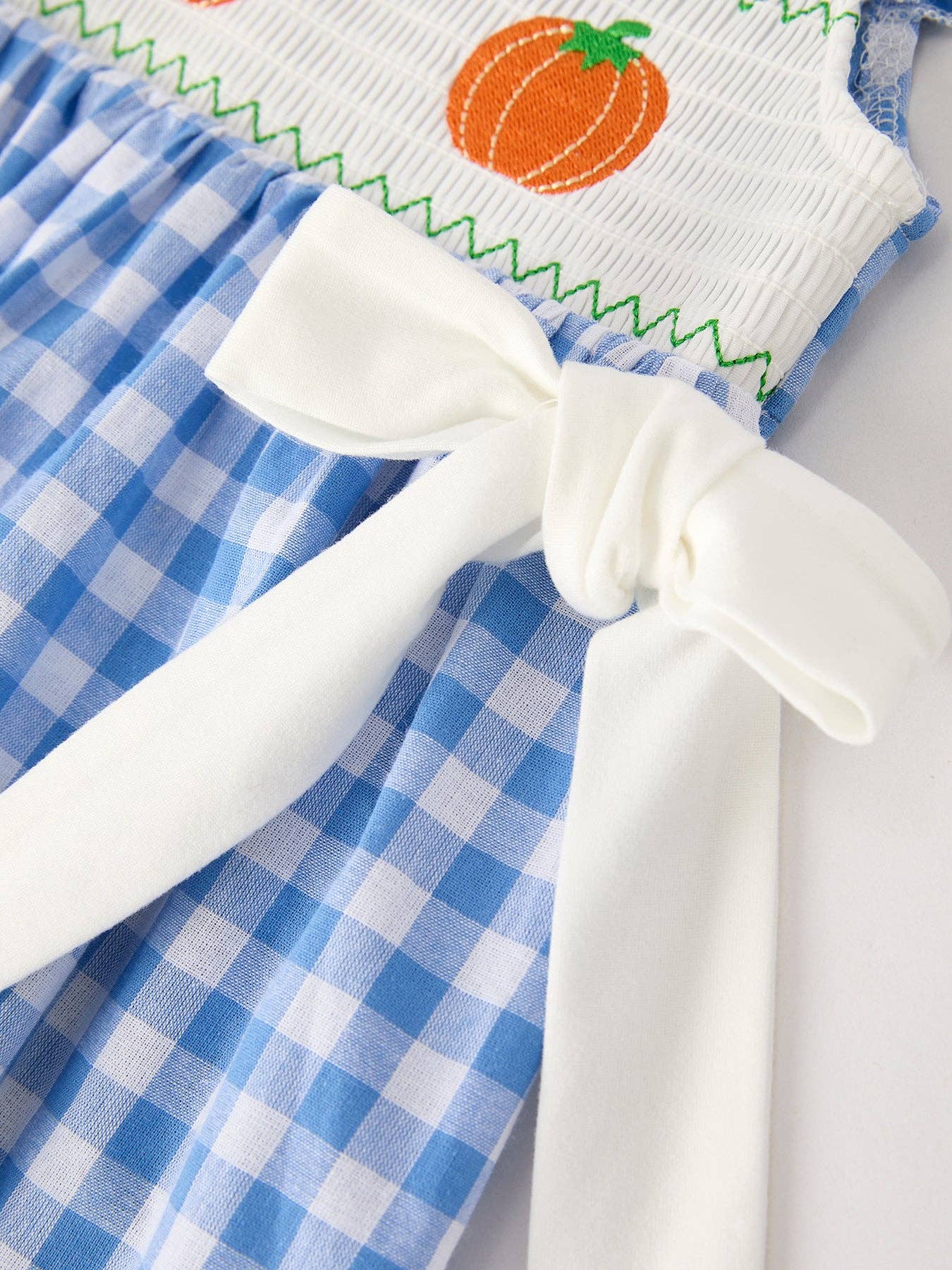 Rylee Faith Designs - Fall Thanksgiving& Halloween Blue Pumpkin Smock Embroidery Baby Girl Dress