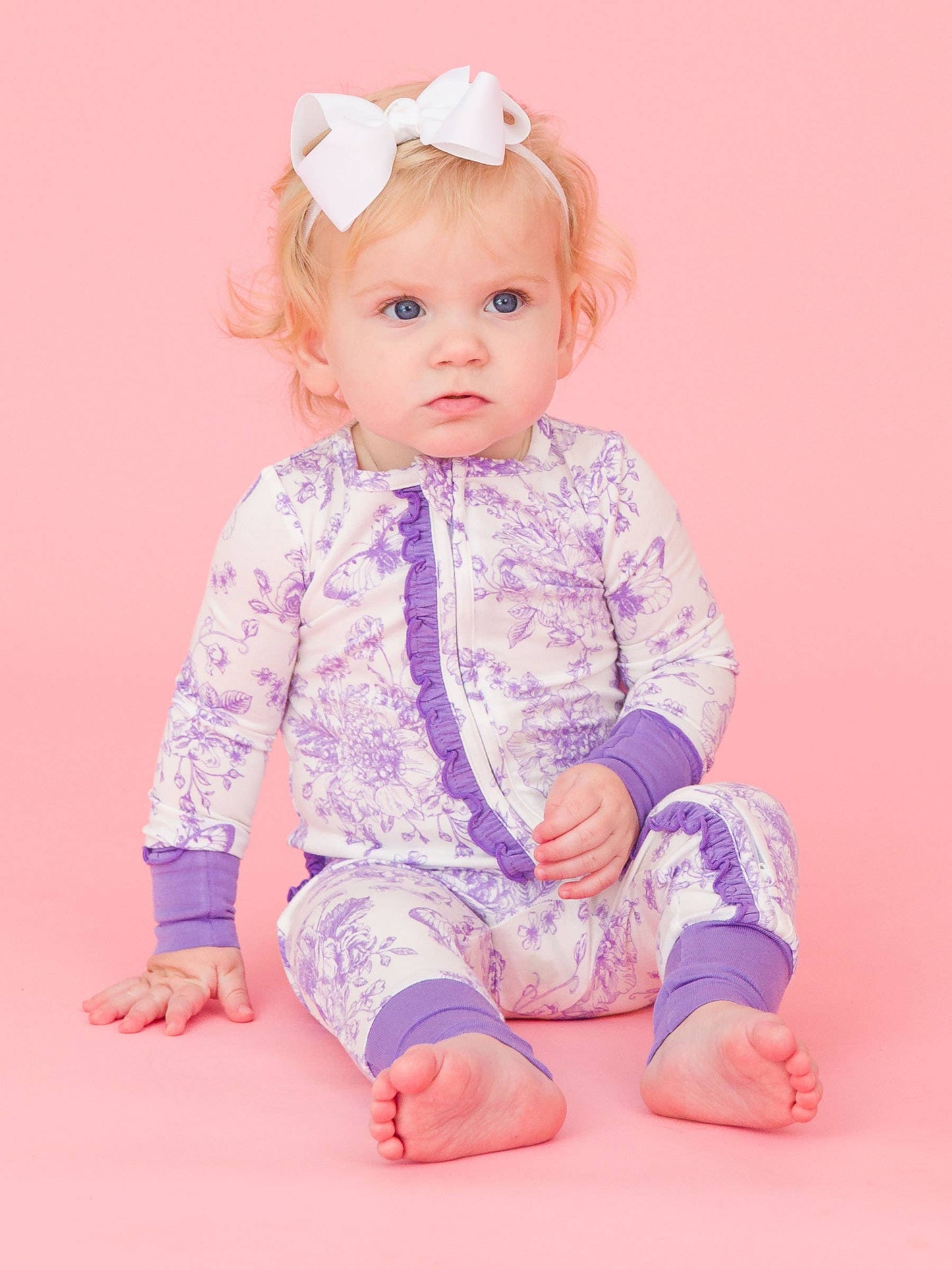RuffleButts + RuggedButts - SoftSnooze™ Baby Girls Bamboo Viscose Wisteria Purple Butterfly Garden Toile Convertible Ruffle One Piece Footie Pajama