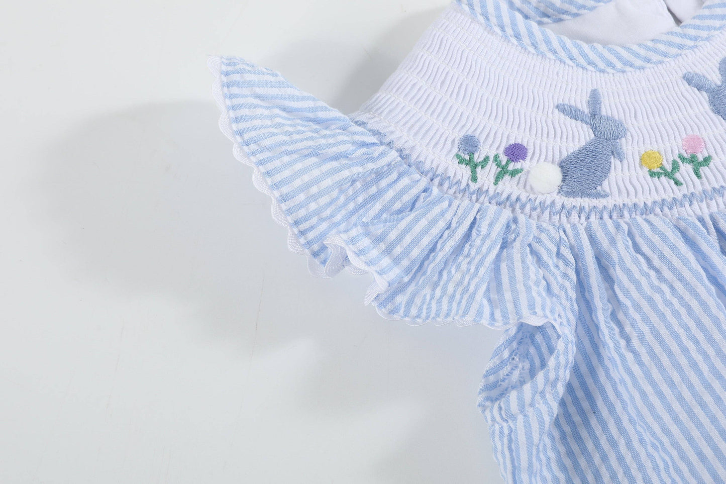 Lil Cactus - Light Blue Seersucker Easter Bunny Smocked Flutter Romper