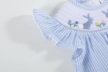 Lil Cactus - Light Blue Seersucker Easter Bunny Smocked Flutter Romper