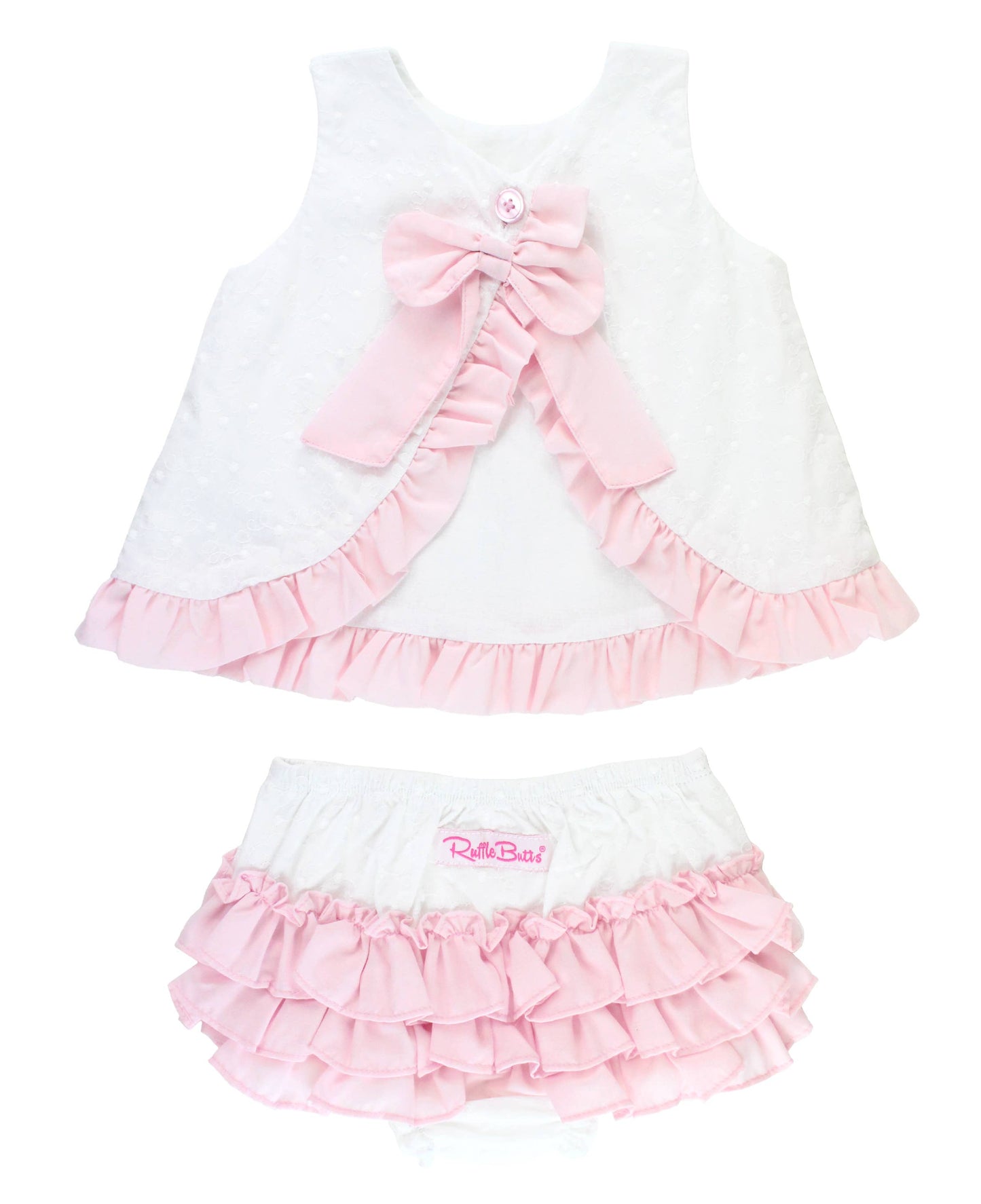 RuffleButts + RuggedButts - Baby Girls White & Pink Swiss Dot Swing Top & Bloomer Set