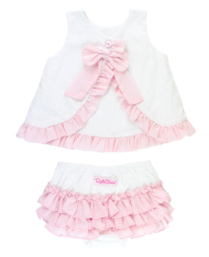 RuffleButts + RuggedButts - Baby Girls White & Pink Swiss Dot Swing Top & Bloomer Set
