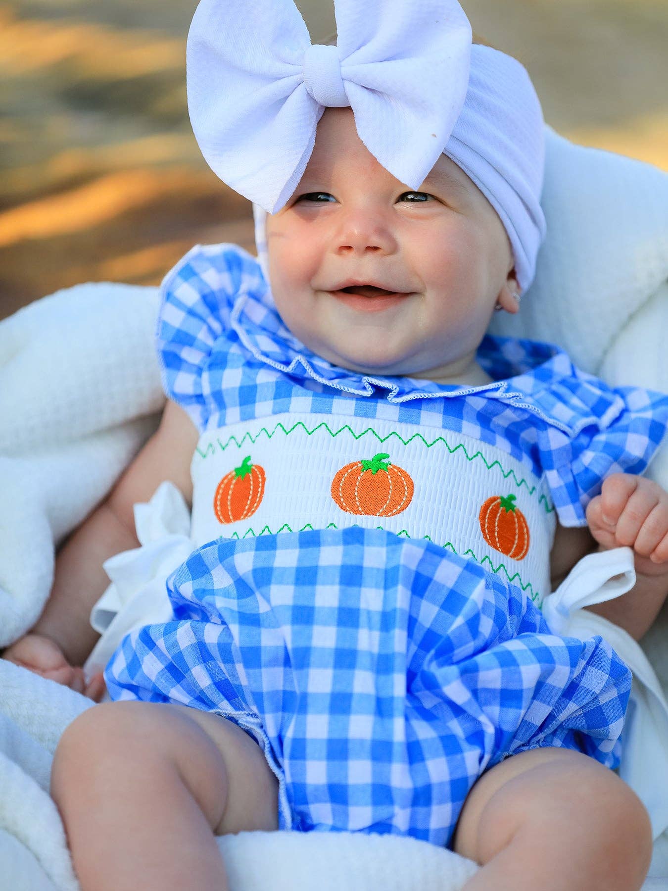 Rylee Faith Designs - Fall Thanksgiving& Halloween Blue Pumpkin Smock Embroidery Baby Girl Romper