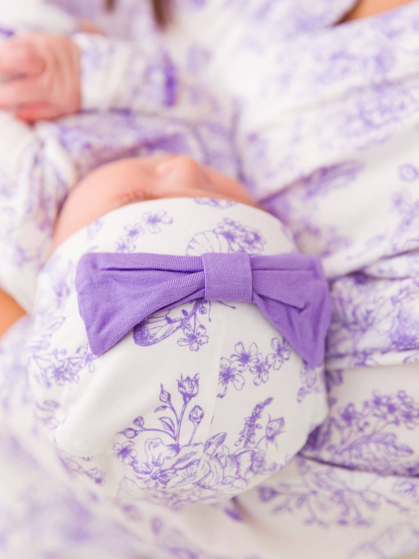 RuffleButts + RuggedButts - SoftSnooze™ Baby Girls Bamboo Viscose Wisteria Purple Butterfly Garden Toile Ruffle Knotted Sleep Gown & Bow Hat Set