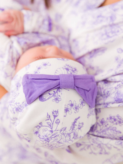 RuffleButts + RuggedButts - SoftSnooze™ Baby Girls Bamboo Viscose Wisteria Purple Butterfly Garden Toile Ruffle Knotted Sleep Gown & Bow Hat Set