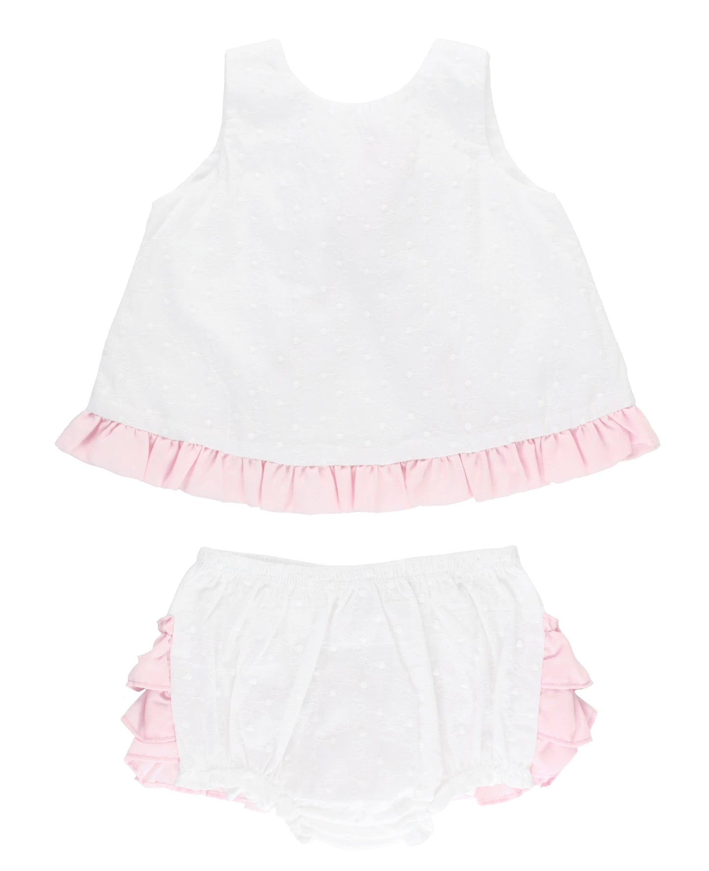 RuffleButts + RuggedButts - Baby Girls White & Pink Swiss Dot Swing Top & Bloomer Set