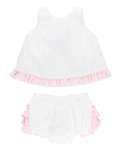 RuffleButts + RuggedButts - Baby Girls White & Pink Swiss Dot Swing Top & Bloomer Set