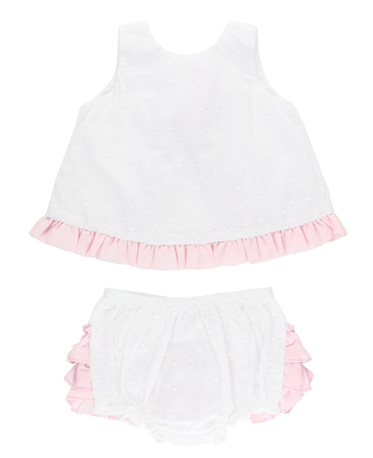 RuffleButts + RuggedButts - Baby Girls White & Pink Swiss Dot Swing Top & Bloomer Set