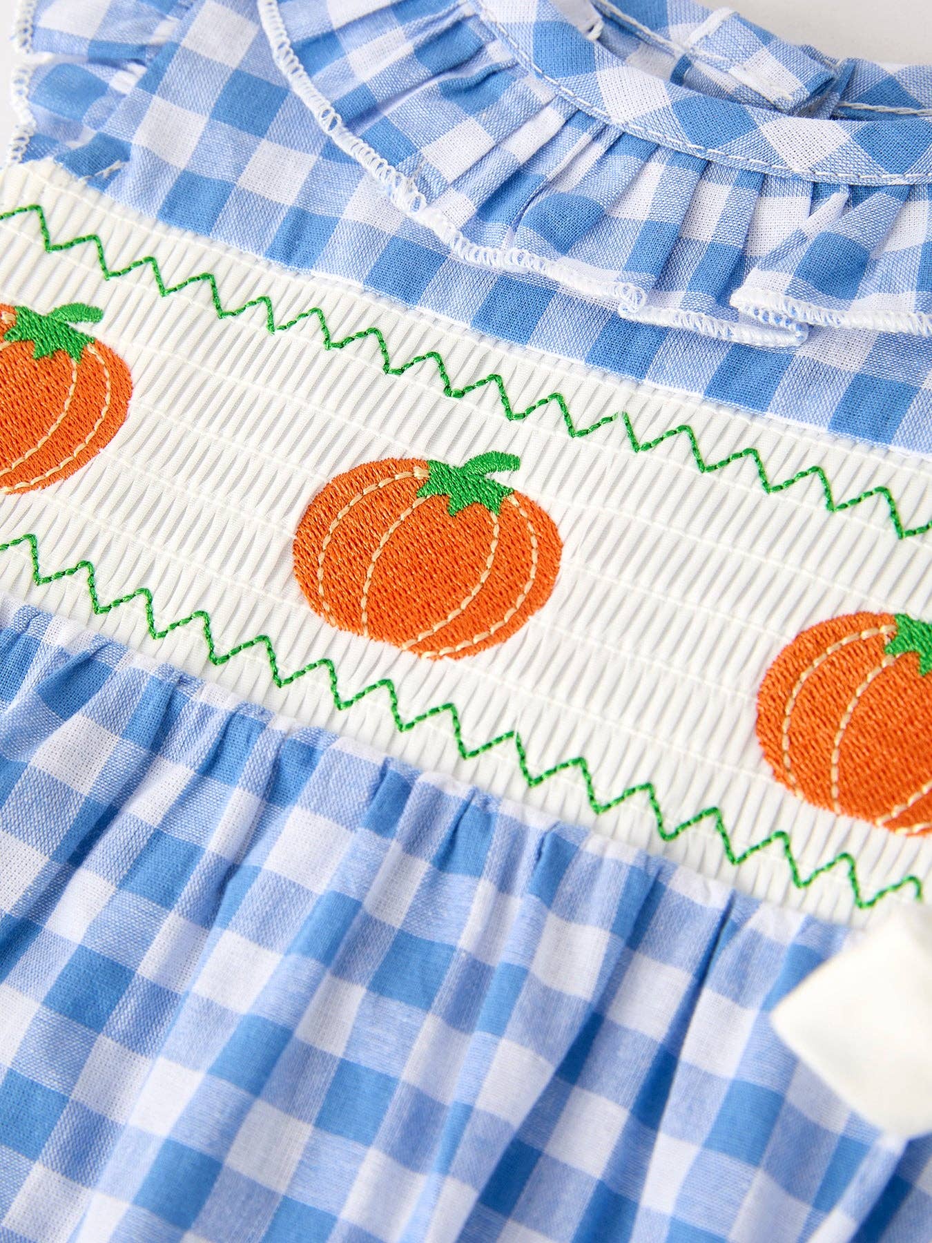 Rylee Faith Designs - Fall Thanksgiving& Halloween Blue Pumpkin Smock Embroidery Baby Girl Romper