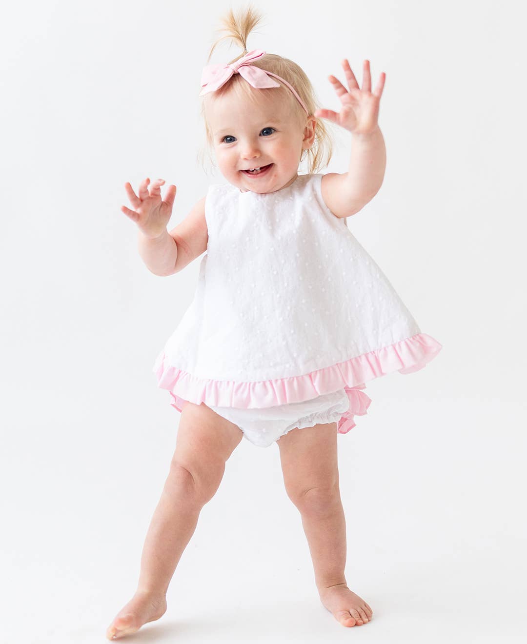 RuffleButts + RuggedButts - Baby Girls White & Pink Swiss Dot Swing Top & Bloomer Set