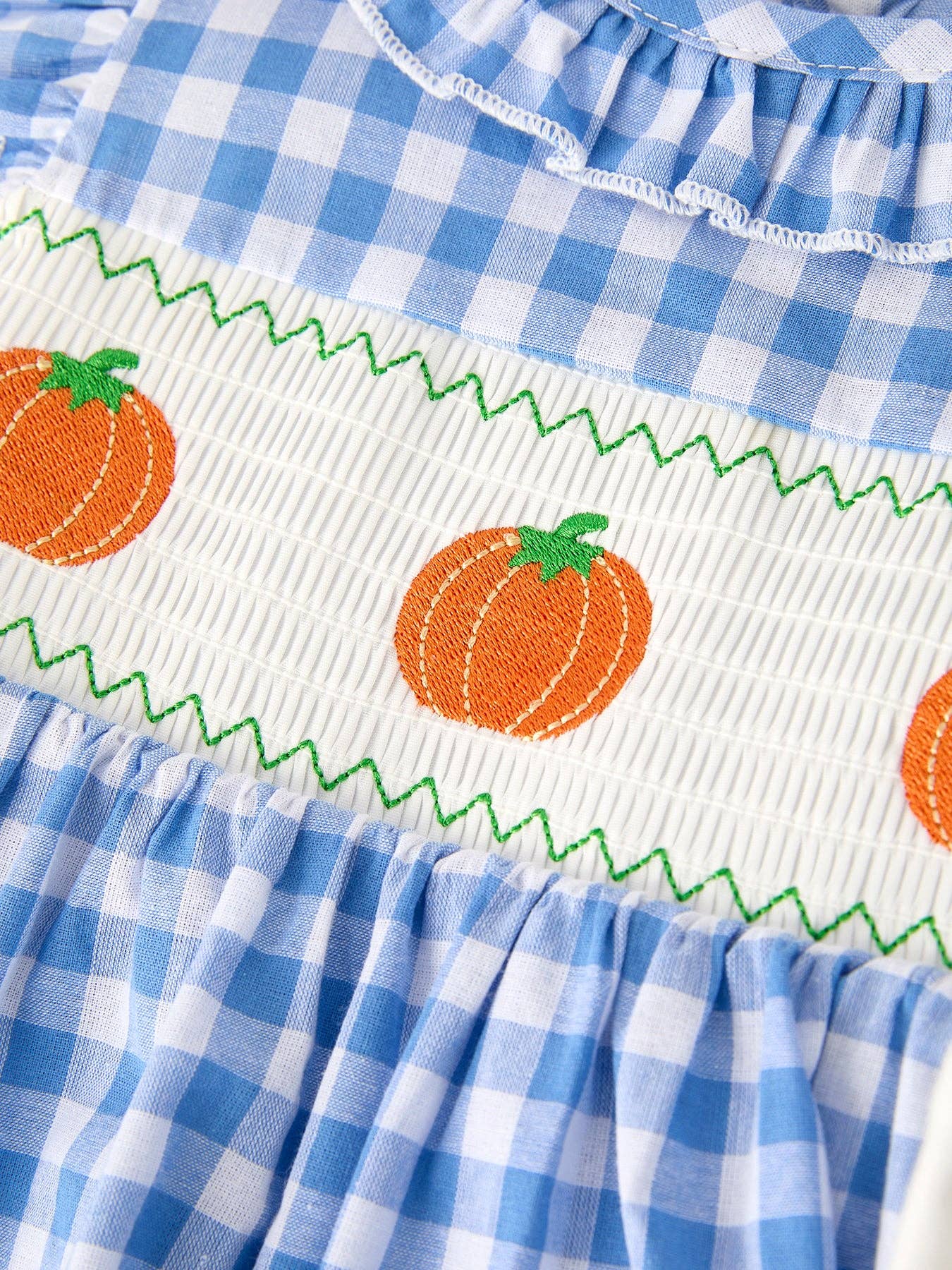 Rylee Faith Designs - Fall Thanksgiving& Halloween Blue Pumpkin Smock Embroidery Baby Girl Dress