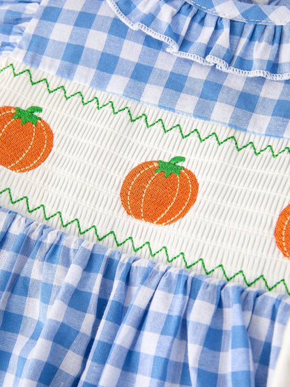 Rylee Faith Designs - Fall Thanksgiving& Halloween Blue Pumpkin Smock Embroidery Baby Girl Dress
