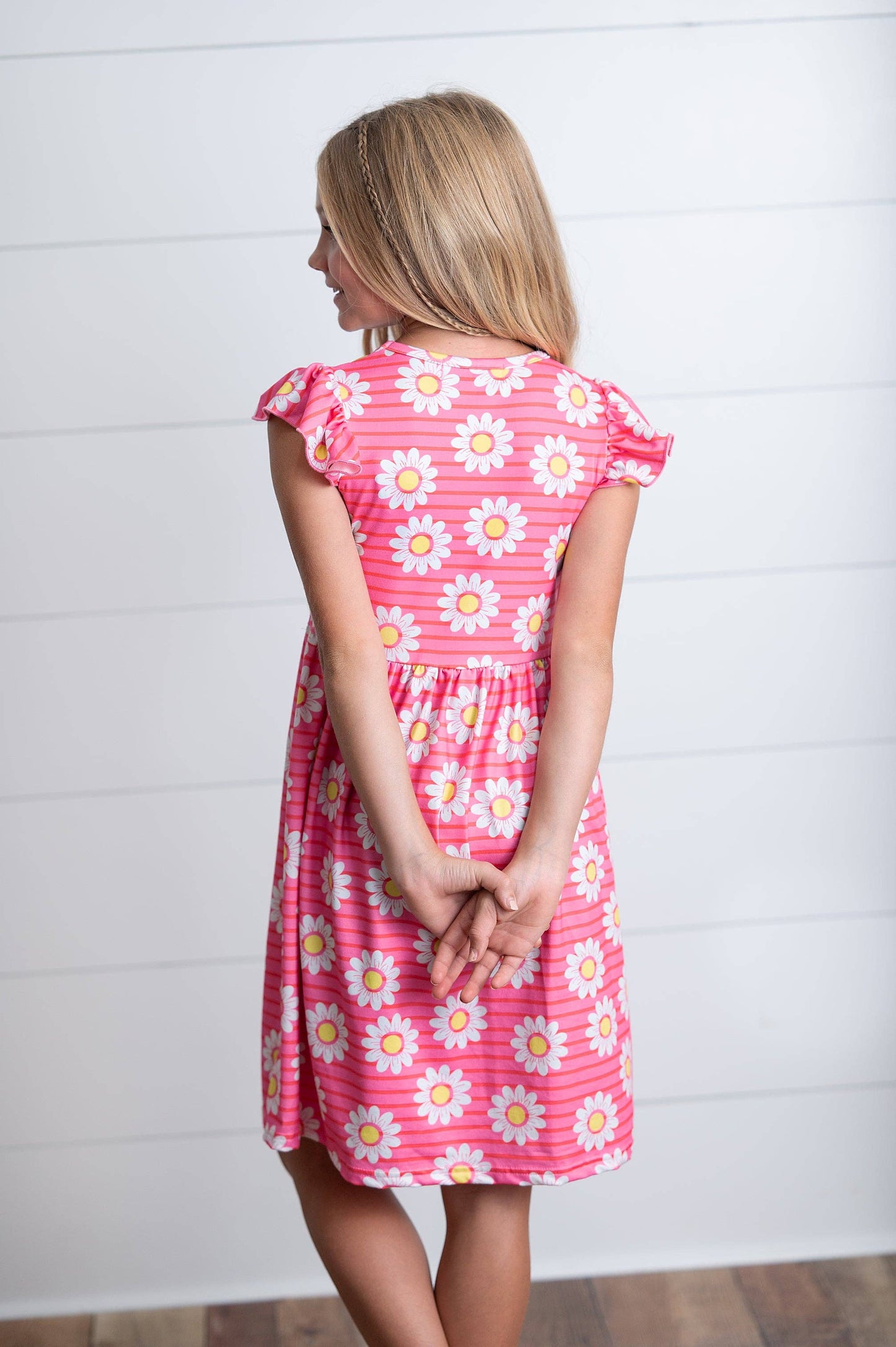 Adorable Sweetness - Kids Spring Summer Hot Pink Striped Pink Daisy Flutter Dress