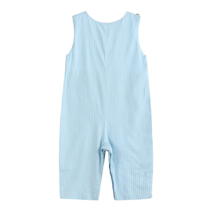 Blue Gingham Train Smocked Overalls: 12-18M
