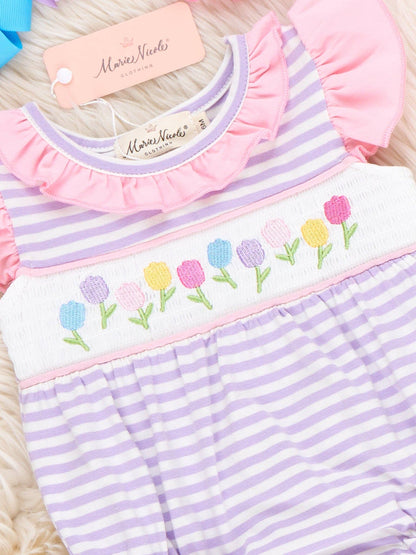 Marie Nicole Clothing - Tiny Spring Blossoms Smocked Ruffle Bubble Romper