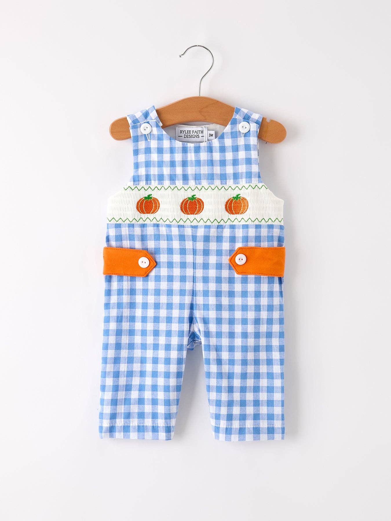 Rylee Faith Designs - Fall Thanksgiving& Halloween Blue Pumpkin Smock Embroidery Baby Boy Romper