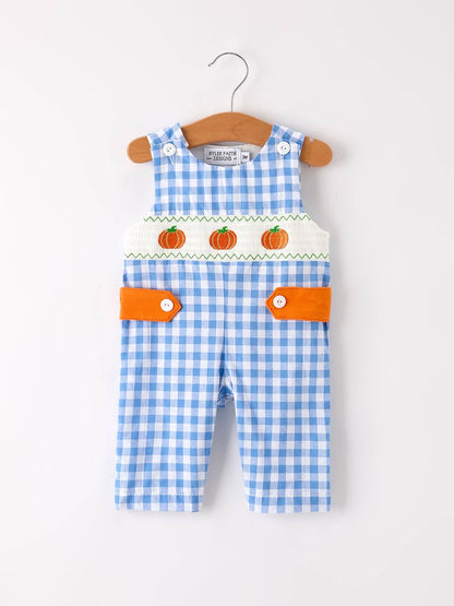 Rylee Faith Designs - Fall Thanksgiving& Halloween Blue Pumpkin Smock Embroidery Baby Boy Romper