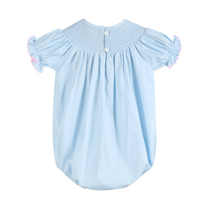 Blue and Pink Bow Smocked Romper: 18-24M