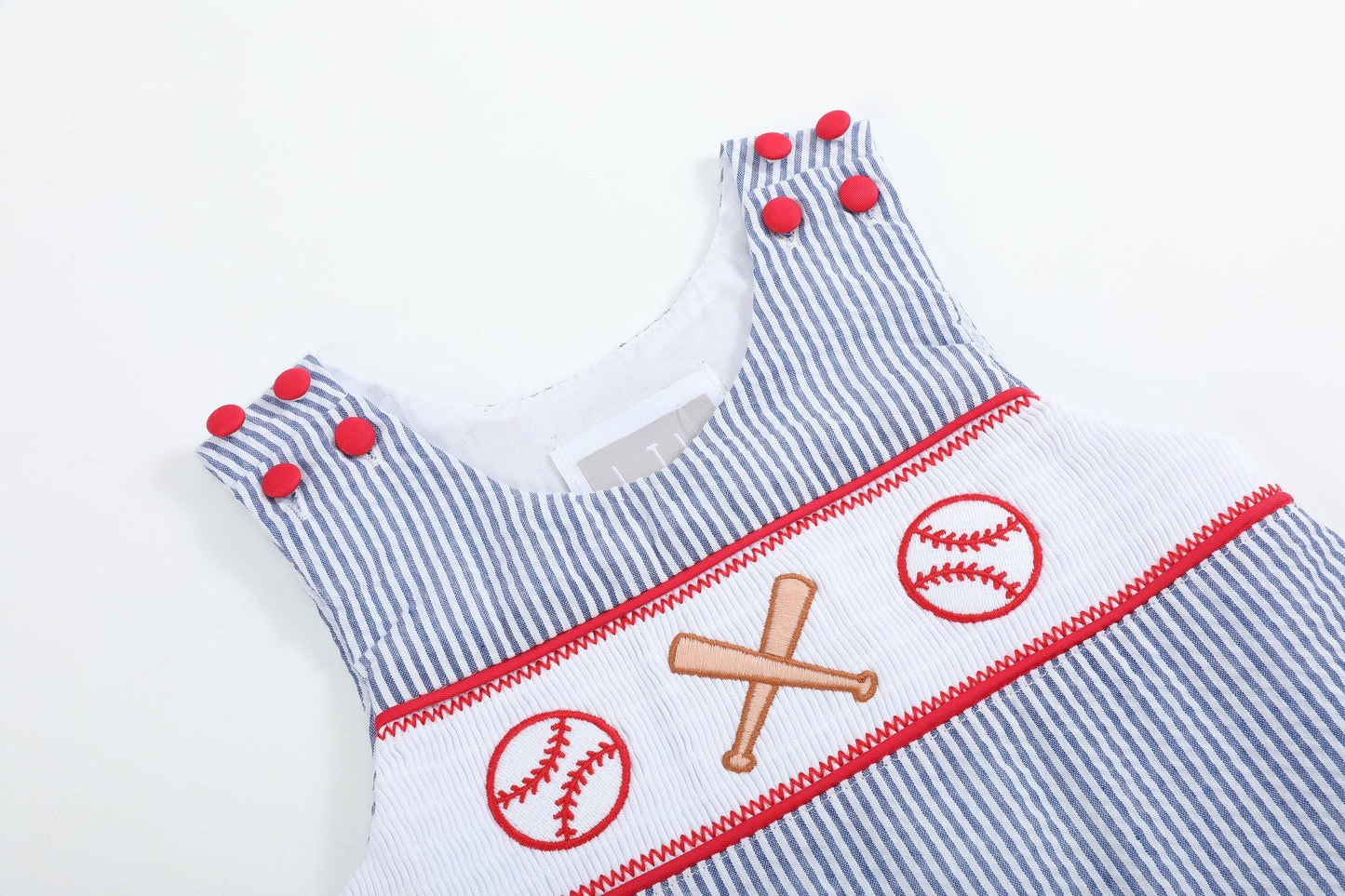Lil Cactus - Blue Seersucker Baseball Smocked Shortalls
