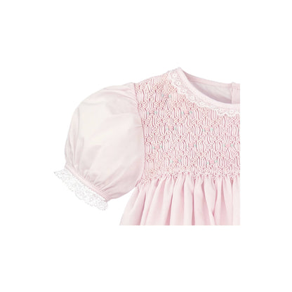 Petit Ami Fully Smocked Dress with French Lace: Pink / 3 Month