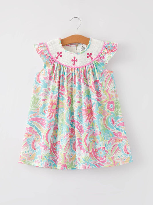 Easter Cross Smocking Embroidery Baby Girl Dress: 2