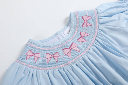 Blue and Pink Bow Smocked Romper: 12-18M
