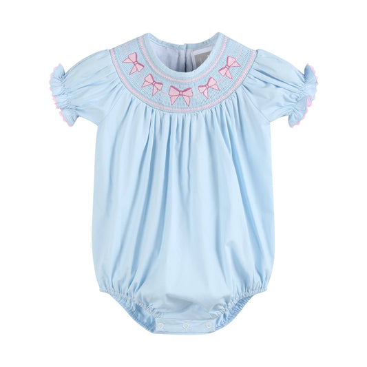 Blue and Pink Bow Smocked Romper: 3-6M
