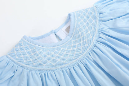 Lil Cactus Blue and White Smocked Bishop Dress: 5Y