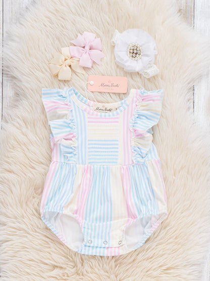 Marie Nicole Clothing - Sunshine Sway Striped Ruffle Romper