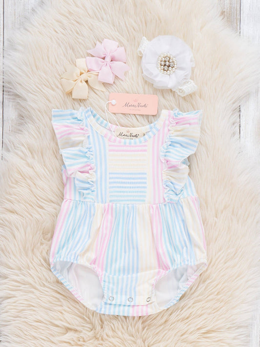 Marie Nicole Clothing - Sunshine Sway Striped Ruffle Romper