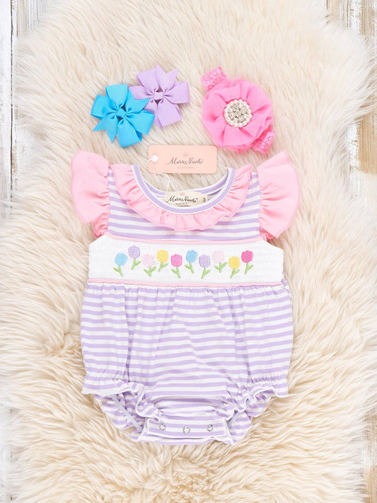 Marie Nicole Clothing - Tiny Spring Blossoms Smocked Ruffle Bubble Romper