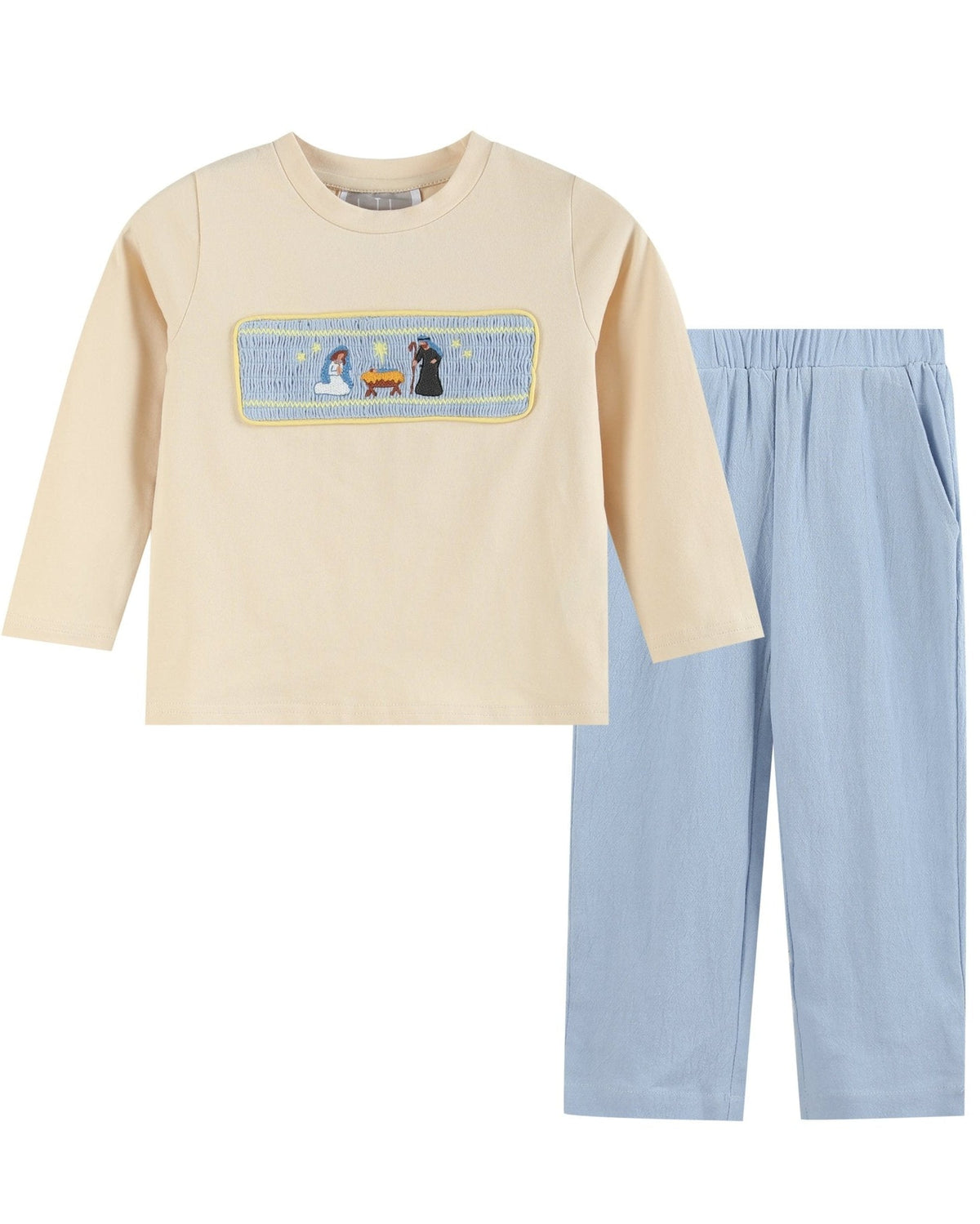 Light Brown Nativity Smocked Shirt and Blue Pants