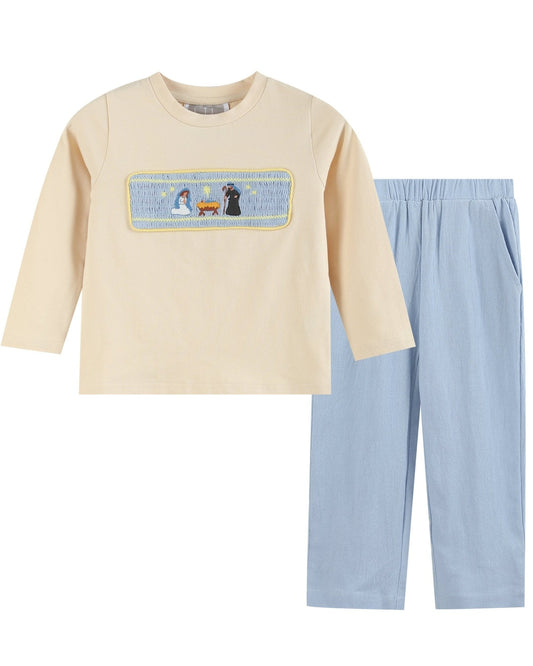 Light Brown Nativity Smocked Shirt and Blue Pants