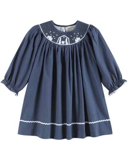 Navy Blue Nativity Long Sleeve Smocked Bishop Dress