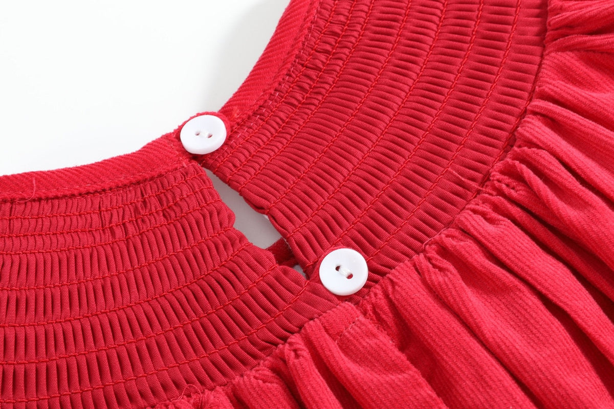 Red Corduroy Mistletoe Smocked Bishop Dress