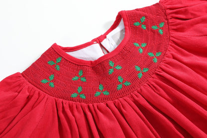 Red Corduroy Mistletoe Smocked Bishop Dress