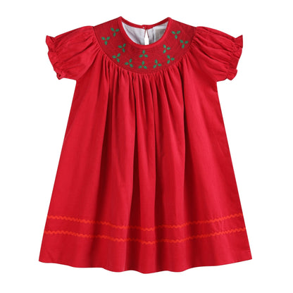 Red Corduroy Mistletoe Smocked Bishop Dress