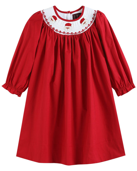 Red Poplin Santa Long Sleeve Smocked Bishop Dress